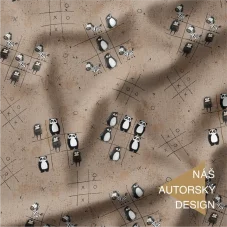 Bavlněný úplet s motivem piškvorek a zvířátek – panda, zebra, tučňák.