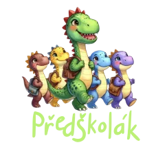 DTF nažehlovačka s veselými dinosaury a nápisem Předškolák – barevný dětský motiv pro handmade výrobky