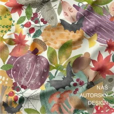 Autorský bavlněný úplet Podzim – akvarelový tisk s dýněmi, listy, šípky a houbami.