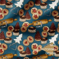 Vánoční motiv cukroví na petrolejovém úpletu – zvýrazněné sušenky, váleček a vykrajovátka na jemně zvlněné látce.