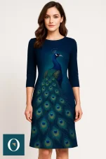 Panel z bavlněného úpletu s motivem páva v modrozelených tónech.