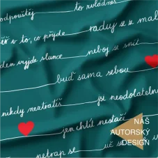 Autorský bavlněný úplet Petrolejový s motivačními texty – povzbudivé citáty a srdíčka v bílé a červené barvě, originální design Oli-Ve.cz.