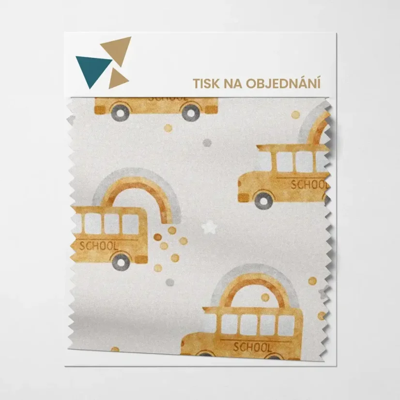 Látka s motivem školních autobusů a duhy – tisk na objednávku. Látka s motivem školních autobusů a duhy – tisk na objednávku.