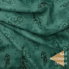 Autorský bavlněný úplet Cyklisti zelený, Látky OliVe