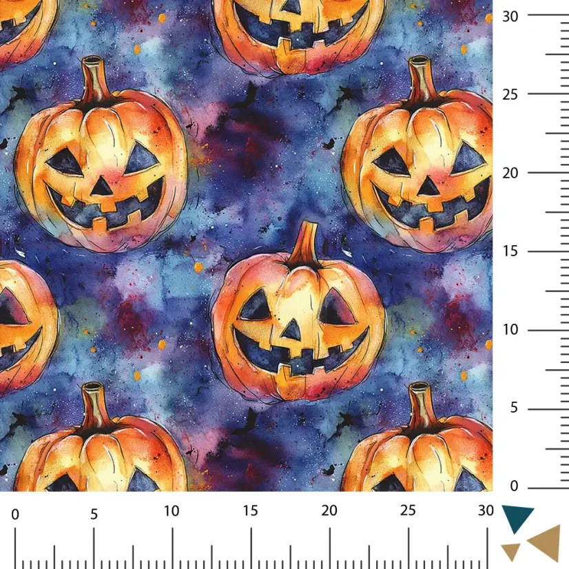Bavlněný úplet s motivem svítících halloweenských dýní