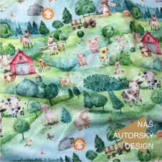 Dětská softshellová látka Farma s venkovskými zvířátky a červenými stodolami.