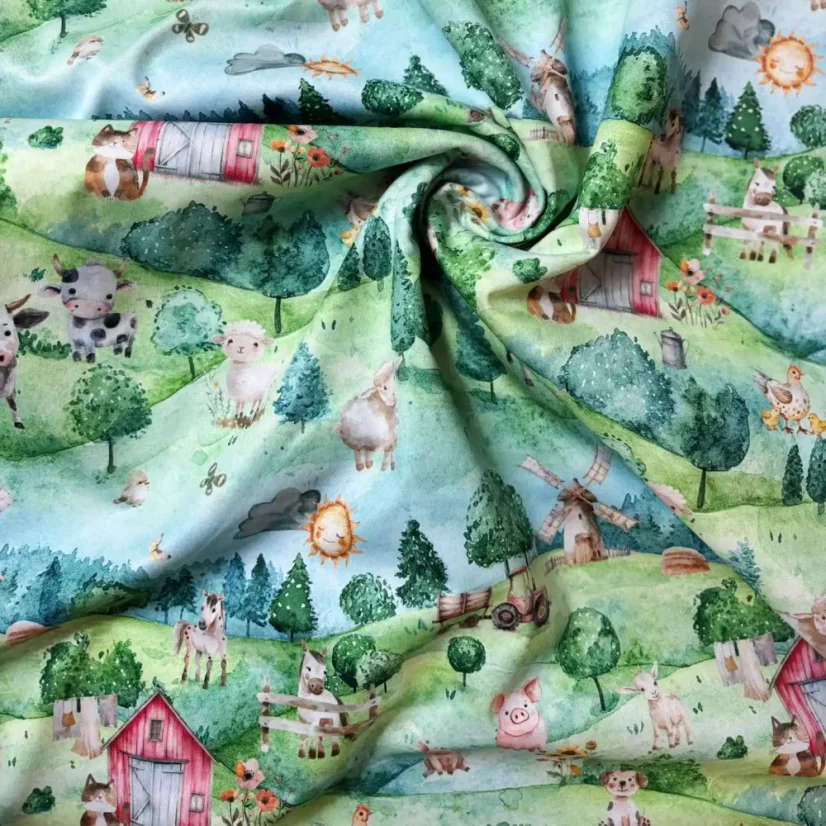 Zimní pružný softshell s motivem farmy – kravičky, prasátka, ovečky a koníci na zelené louce.
