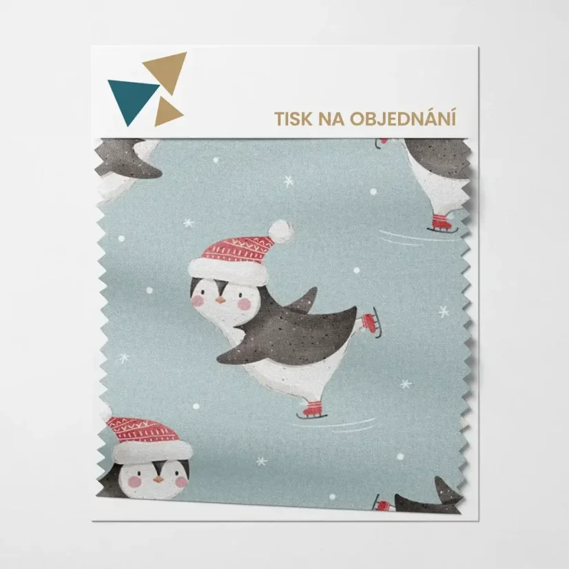 Zimní motiv s roztomilými tučňáky na bruslích a sněhovými vločkami na světle modrém podkladu ❄️🐧
