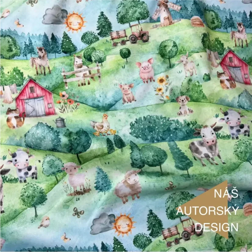 Dětská softshellová látka Farma s venkovskými zvířátky a červenými stodolami.