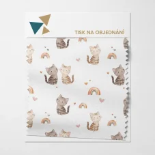 Detail látky s motivem koťat a duhových oblouků v jemných odstínech – tisk na objednání OliVe.cz.