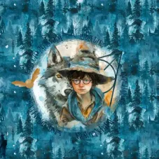 Bavlněný úplet s kouzelnickým motivem a vlkem