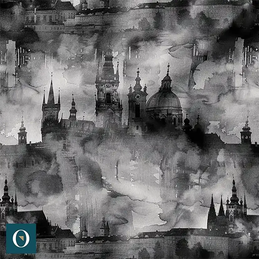 Detail uměleckého vzoru s pražskými věžemi a historickými stavbami.