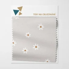 Látka s motivem drobných heřmánkových kvítků na béžovém podkladu – tisk na objednávku.