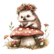 DTF nažehlovačka s ježečkem sedícím na muchomůrce.