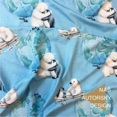 Autorský úplet OliVe s ilustrací přátelství napříč póly – medvěd objímající tučňáka.