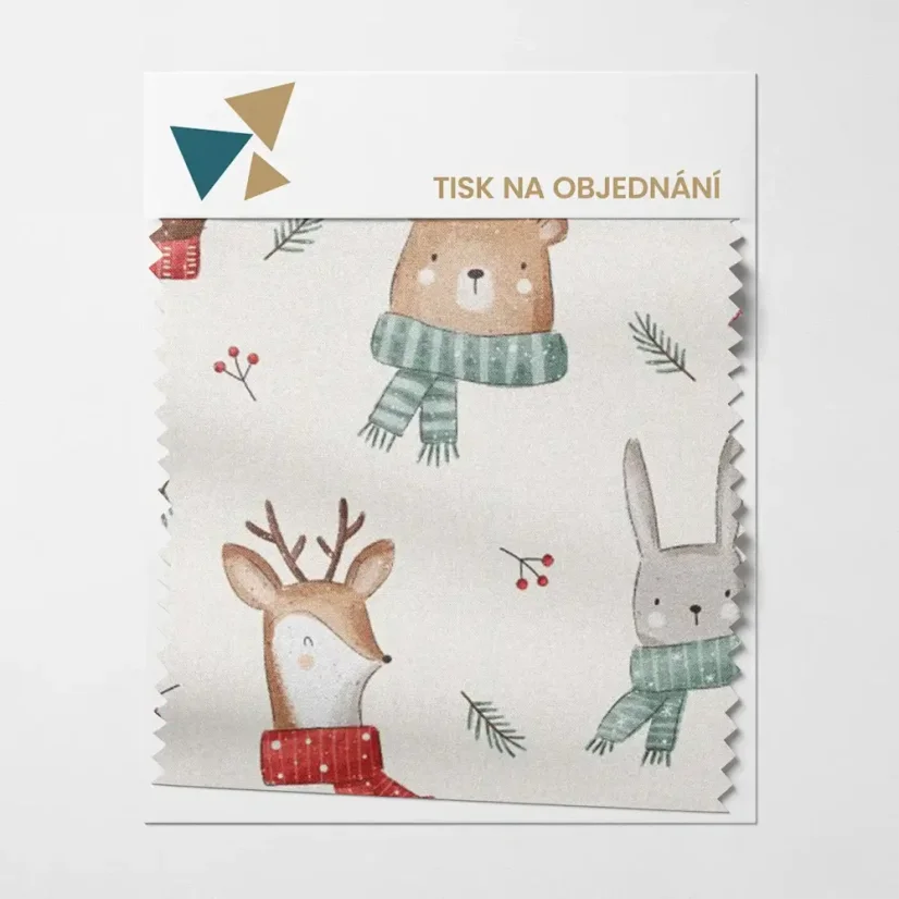 Zimní motiv s medvědem, jelenem a zajícem v šálách na krémovém podkladu 🎄❄️