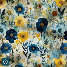 Bavlnený úplet s akvarelovým motívom jarnej lúky v modrých a žltých tónoch na svetlom podklade.