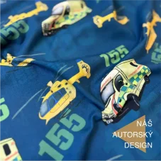 French Terry teplákovina Záchranáři – měkký a pružný materiál s realistickým tiskem sanitky a vrtulníku.