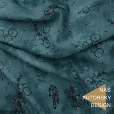 Autorský bavlněný úplet Cyklisti modrý, Látky OliVe