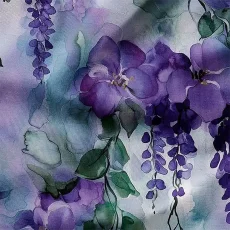 Viskózový úplet s akvarelovým motivem fialové vistérie a zelených listů na světlém podkladu.