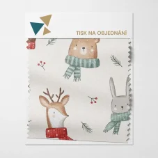 Zimní motiv s medvědem, jelenem a zajícem v šálách na krémovém podkladu 🎄❄️