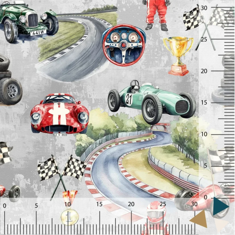 Designový úplet s potiskem závodní dráhy, aut a vlajek – látka pro malé závodníky.