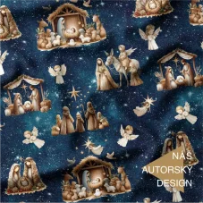 Autorský bavlněný úplet Betlém – vánoční motiv s Ježíškem, Marií, Josefem, andílky a hvězdnou oblohou, originální design Oli-Ve.cz.