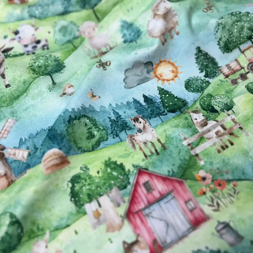 Veselý zimní softshell s potiskem farmy – ideální na bundy, kalhoty a overaly pro děti.