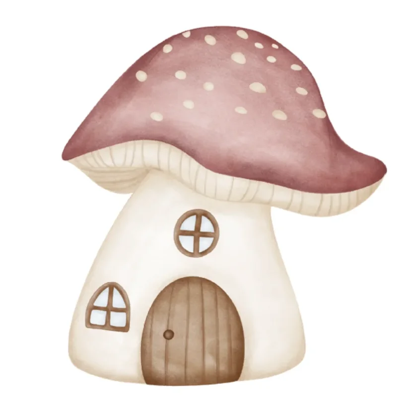 DTF nažehlovačka s domečkem ve tvaru houby – jemný lesní design pro handmade projekty