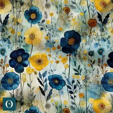 Bavlněný úplet s akvarelovým motivem jarní louky v modrých a žlutých tónech na světlém podkladu.