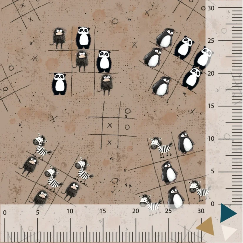 Měkký úplet s potiskem zvířátek v poli piškvorek – originální látka pro děti i dospělé. 🎲🐼