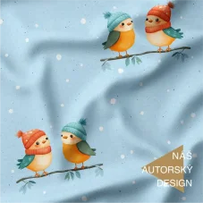 Bavlněný úplet s motivem zimních ptáčků v čepičkách – autorský design Látky OliVe.