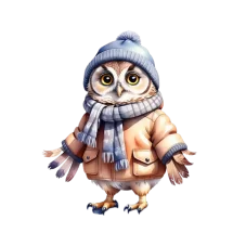 DTF nažehlovačka se zimní sovičkou v bundě a čepici.