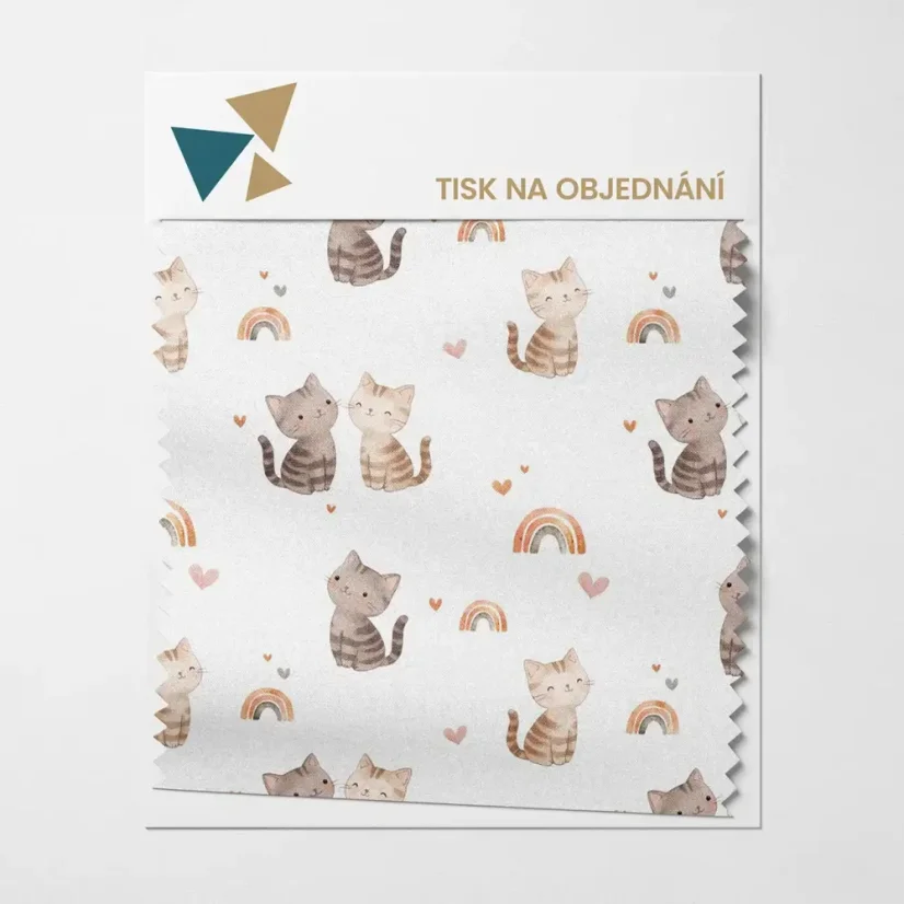 Detail látky s motivem koťat a duhových oblouků v jemných odstínech – tisk na objednání OliVe.cz. Detail látky s motivem koťat a duhových oblouků v jemných odstínech – tisk na objednání OliVe.cz.