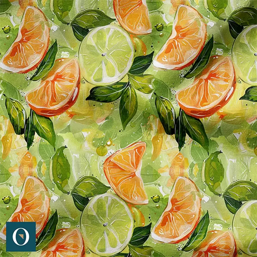 Bavlněný úplet mojito - citrusy, limetka, pomeranč, autorský design, látka, zelená, svěží vzor