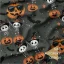 Autorský bavlněný úplet Halloween – dýně, kostlivci a netopýři na tmavém podkladu, originální design Oli-Ve.cz.