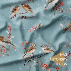Autorský bavlněný úplet Zimní ptáčci – akvarelový tisk s ptáčky a červenými bobulemi na modrém podkladu.