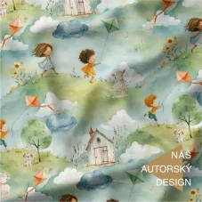 Autorský bavlněný úplet Pouštění draků – děti, zvířátka a podzimní krajina v akvarelovém stylu.
