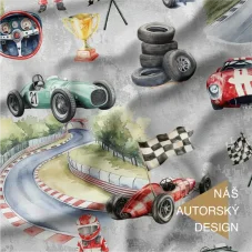 Bavlněný úplet s motivem závodních aut a retro veteránů – autorský design Látky OliVe.