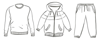 Ilustrace oblečení z nepočesané teplákoviny – mikina, bunda a tepláky.