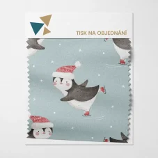 Zimní motiv s roztomilými tučňáky na bruslích a sněhovými vločkami na světle modrém podkladu ❄️🐧