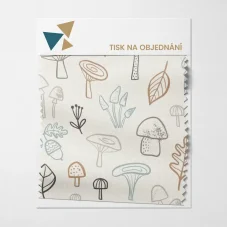 Detail látky s motivem hub, listů a větviček v jemných přírodních odstínech – tisk na objednání OliVe.cz.
