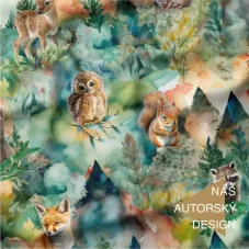 Bavlněný úplet Lesní mláďátka – srnče, sova, veverka, mýval na akvarelovém pozadí, metráž