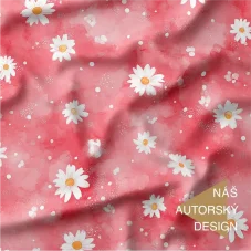 Autorský bavlněný úplet Kopretiny – bílé květy na růžovém akvarelovém podkladu, originální design Oli-Ve.cz.