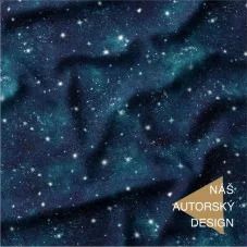 Nepočesaná teplákovina Hvězdná obloha – tmavě modrá látka s jemným tiskem hvězd a vesmírného nebe, autorský motiv Oli-Ve.cz.