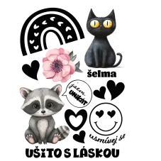Arch DTF nažehlovaček A5 s kočkou, mývalem a růžovou květinou.