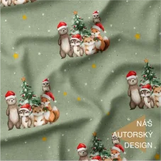 Bavlněný úplet s vánočními zvířátky v lese – autorský design Látky OliVe.