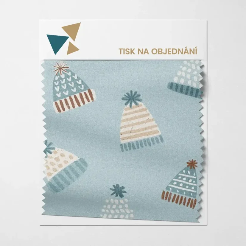 Zimní motiv s pletenými čepicemi v jemných odstínech modré a béžové na světle modrém podkladu 🧢❄️