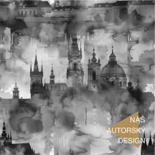 Autorský bavlnený úplet so siluetou Prahy v čiernobielom prevedení.