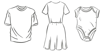 Ilustrace oblečení z bavlněného úpletu – tričko, šaty a dětské body.